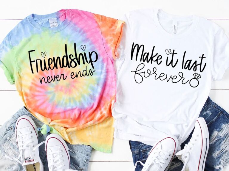 Tie-dye bachelorette party T-shirts with Spice Girls song lyrics