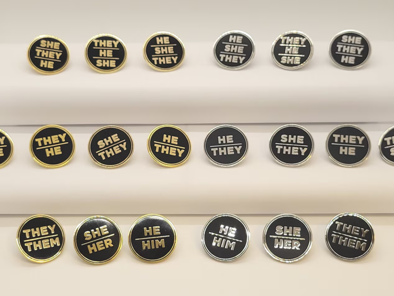 Black and Metallic Pronoun Pins from Hokum And Snark