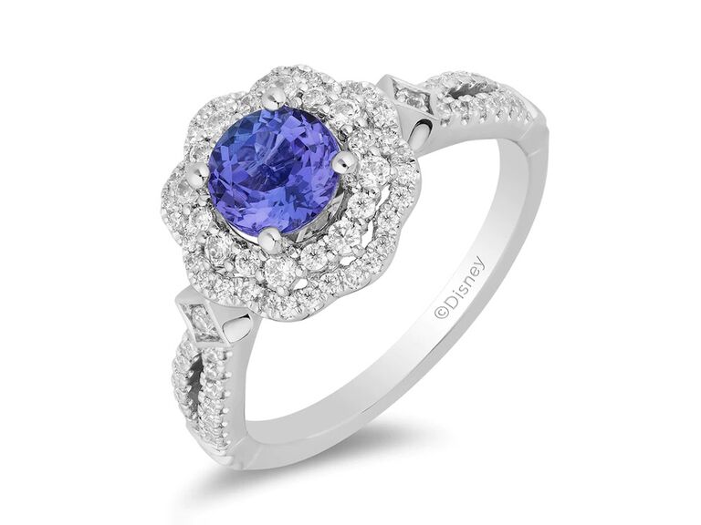 zales enchanted disney collection tanzanite engagement ring with double round diamond halo and round diamond split shank