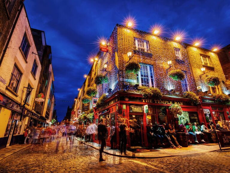 The outside of Temple Bar in Dublin, Ireland, at night