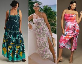 Collage of plus-size summer wedding guest dresses. 