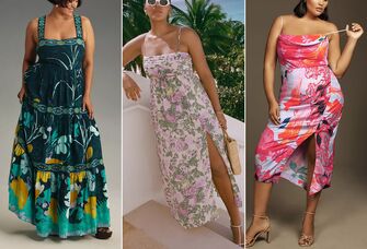Collage of plus-size summer wedding guest dresses. 