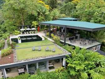 Rancho Pacifico aerial shot of the lodge and resort against the rainforest