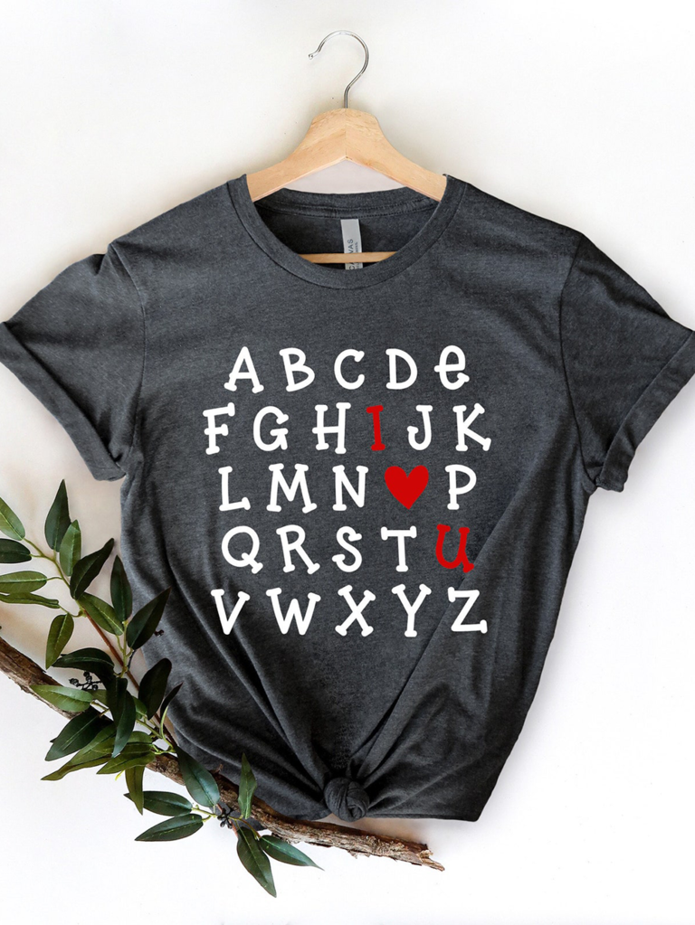 Alphabet t-shirt with 'I <3 U' in red