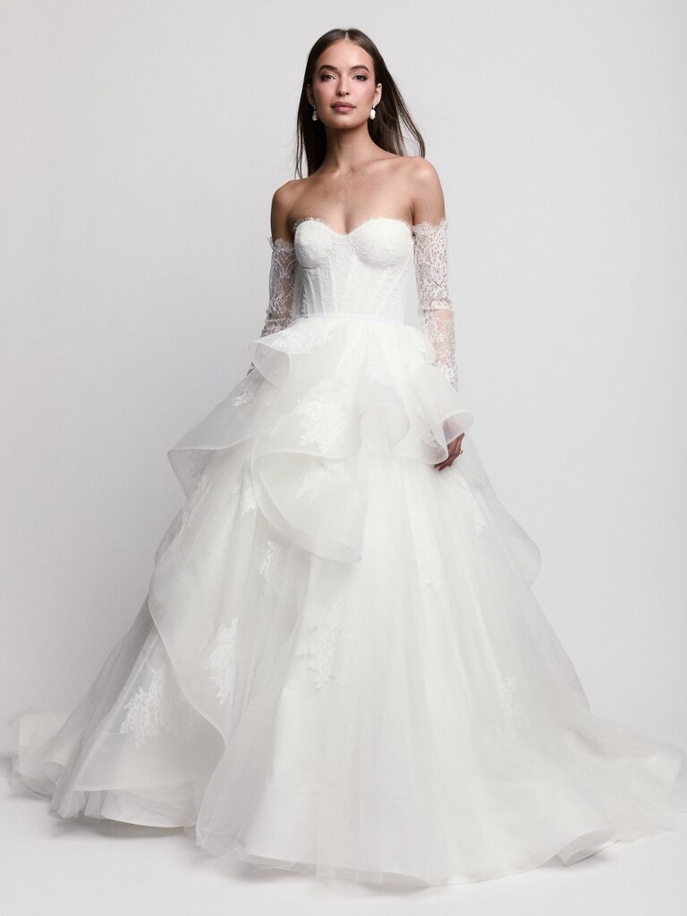 Watters strapless corset wedding dress with lace sleeves