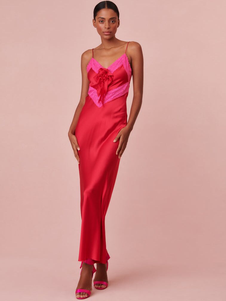 Red and pink maxi slip dress on model