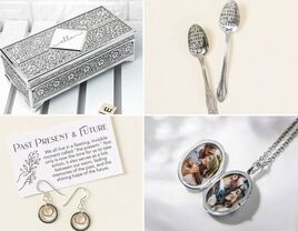 Four silver anniversary gifts: framed vow art, a candle, preserved silver roses, and a ring