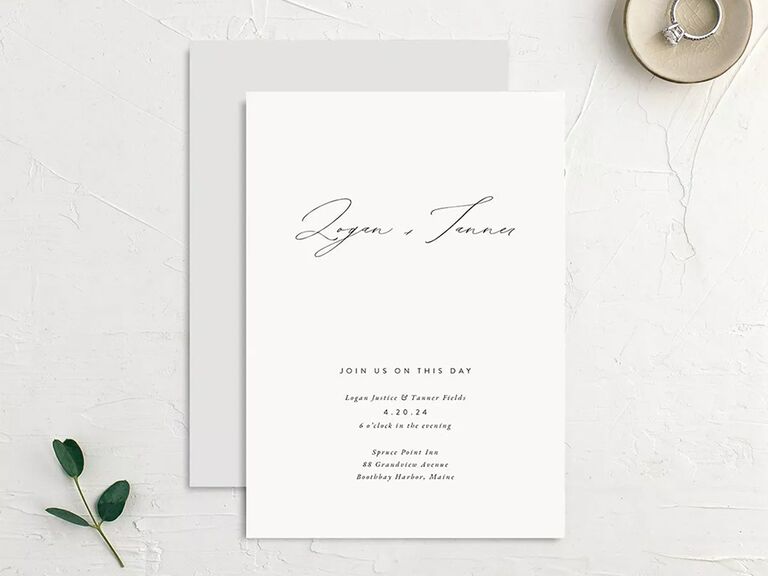 Simple design with names in elegant calligraphy and event details in minimal black type on white background