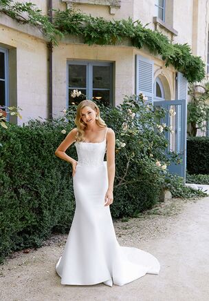 Mikado Fit and Flare with Spaghetti Straps and Beaded Lace Appliqués