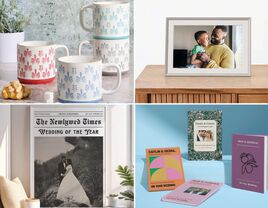 Collage of thoughtful wedding gifts for couples