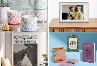 Collage of thoughtful wedding gifts for couples