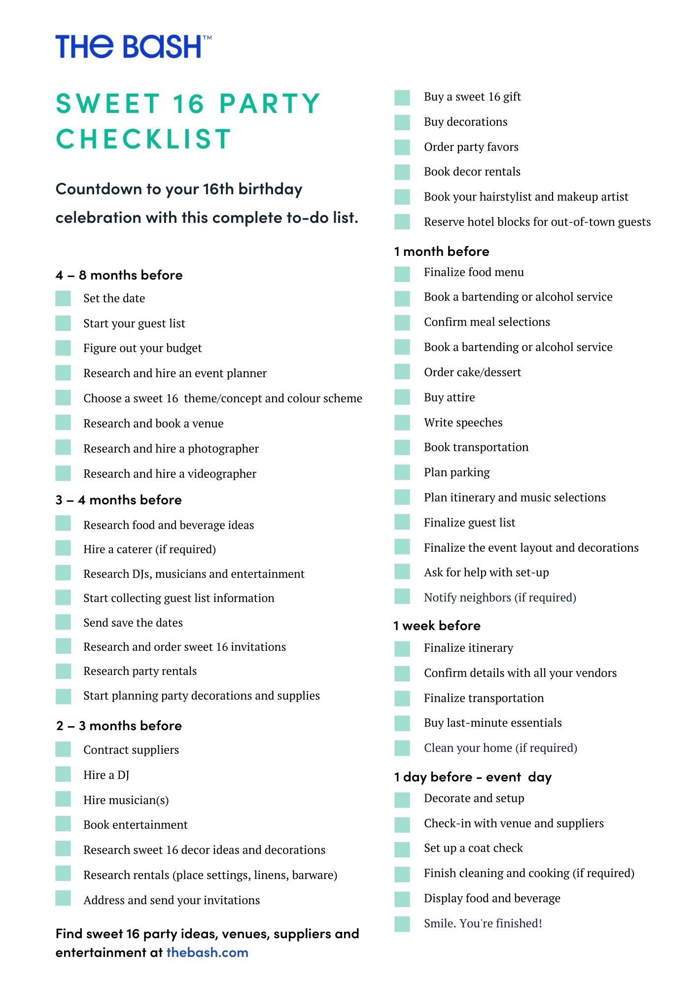 Printable Sweet 16 checklist 