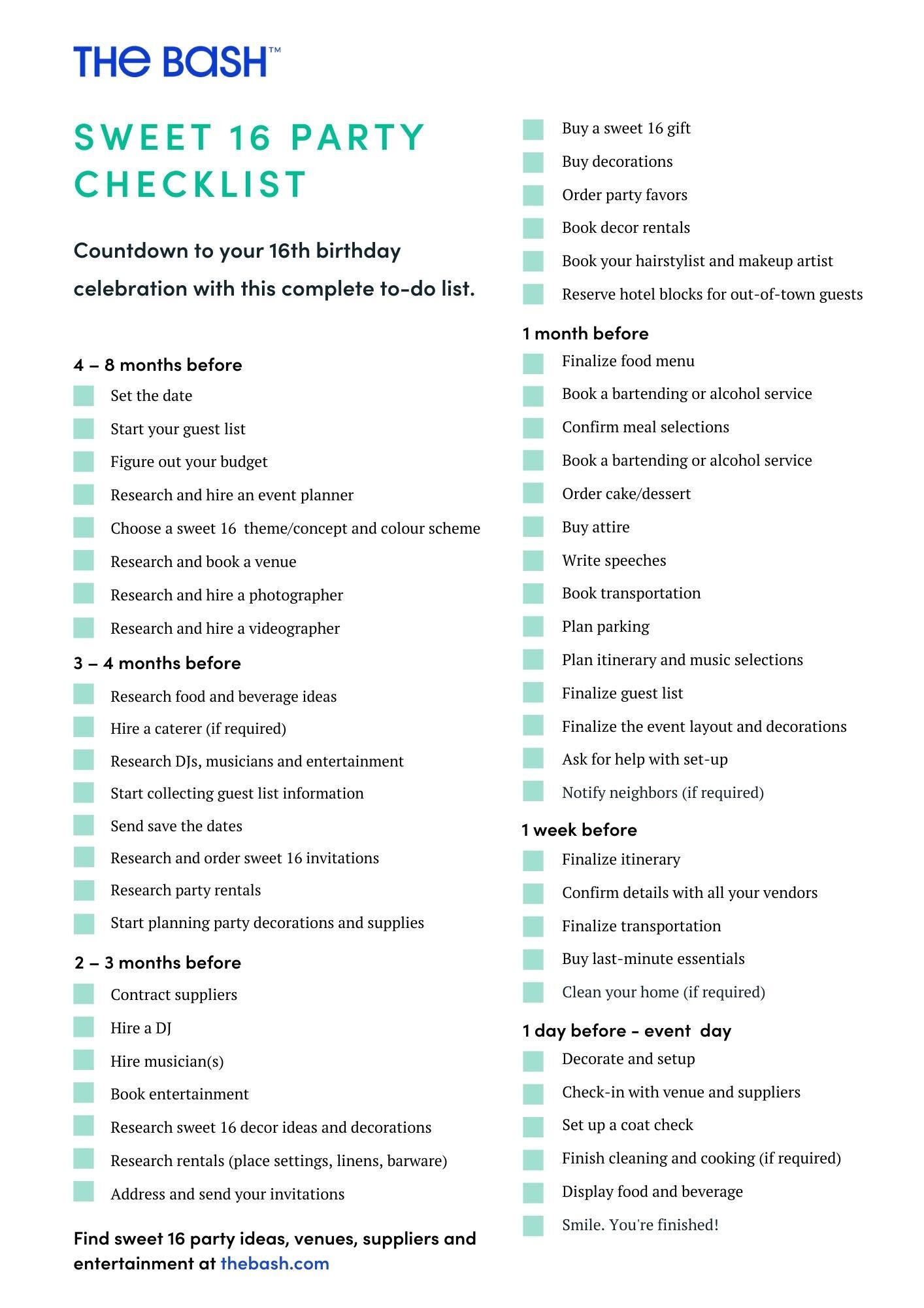 Your Complete Sweet 16 Checklist and Timeline Free Download The Bash