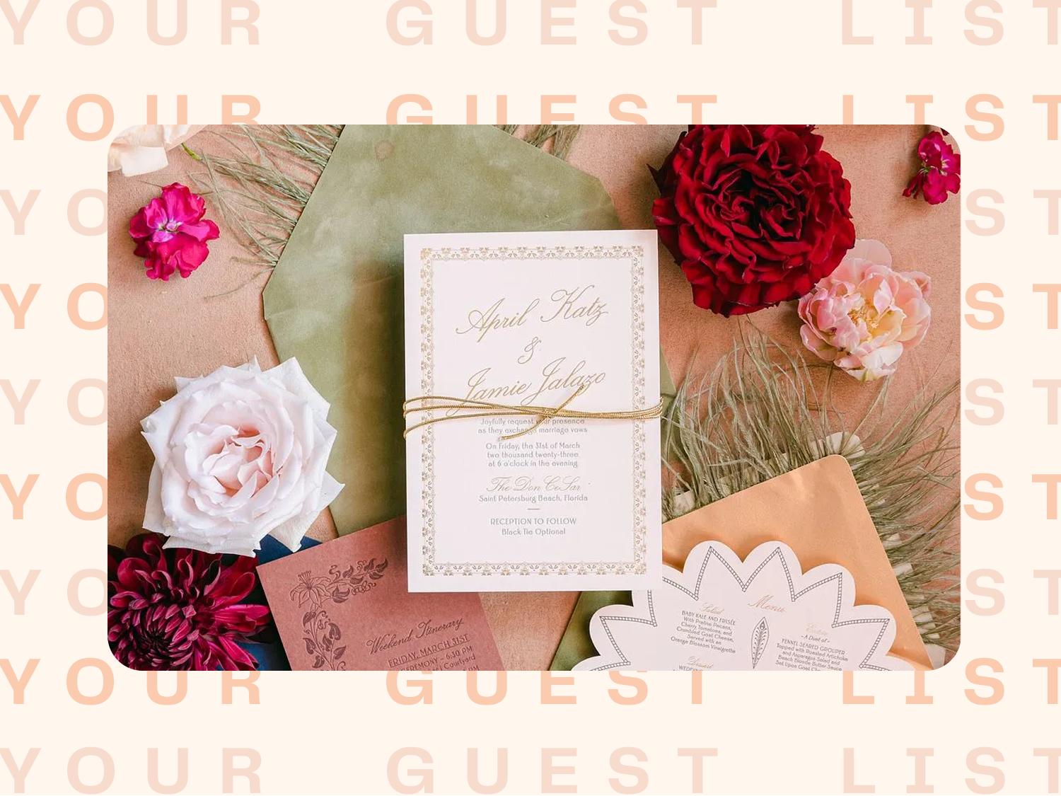 Photo of wedding invitation with the words 'your guest list' in the background