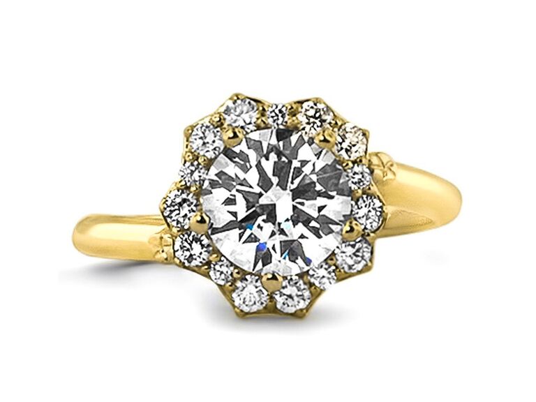 brilliant earth flower engagement ring with round diamond round diamond halo and plain yellow gold band
