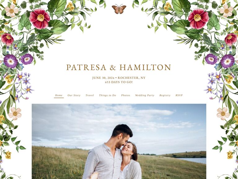 the knot free wedding website example with colorful wildflower and greenery border featuring a butterfly at the center