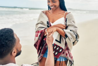 Man proposing to woman on beach, cancun proposal planning