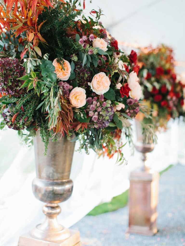 fall wedding flowers with orange foliage and garden roses