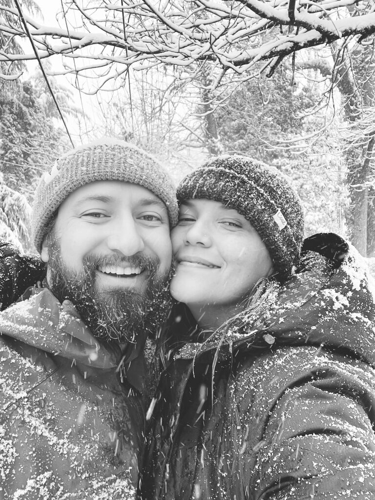 A perfect snowy day at home, spent snowboarding together down our driveway and into Shady Grove.  We love nothing more than to curl up together by the fireplace and watch the snow fall outside.
