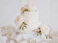 two tier simple wedding cake with white buttercream, ivory roses and blush rosebuds