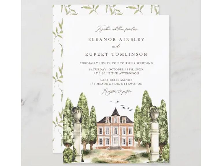 Watercolor English manor-inspired destination wedding invitation