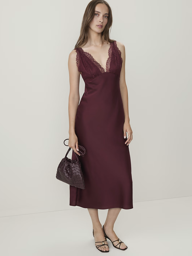 Ann Taylor lace-trim burgundy petite dress