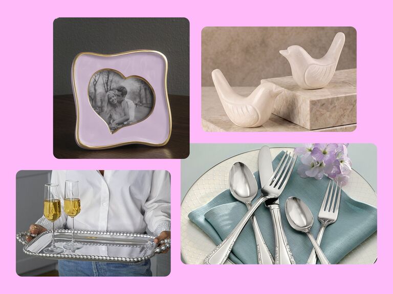 Collage of gifts: heart-shaped photo frame, ceramic birds, silverware, silver tray