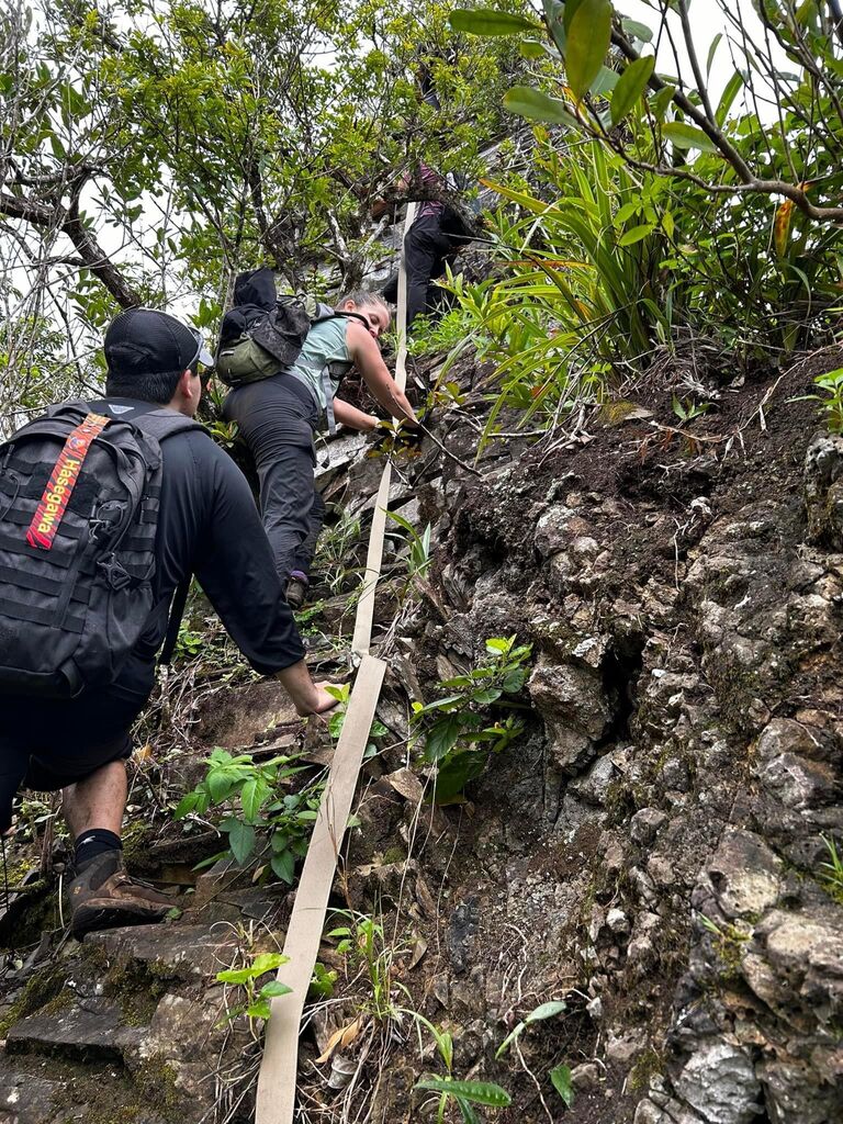 Ryan begins hiking with Haley and questions his life choices that brought him to this point, dangling off a crumbly cliff face.