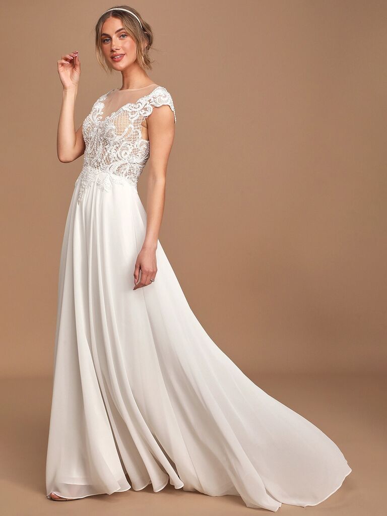 chiffon A-line gown with illusion lace bodice