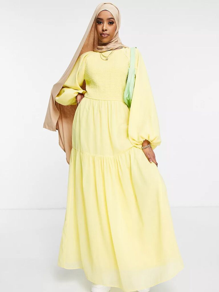 Pastel yellow store wedding guest dress