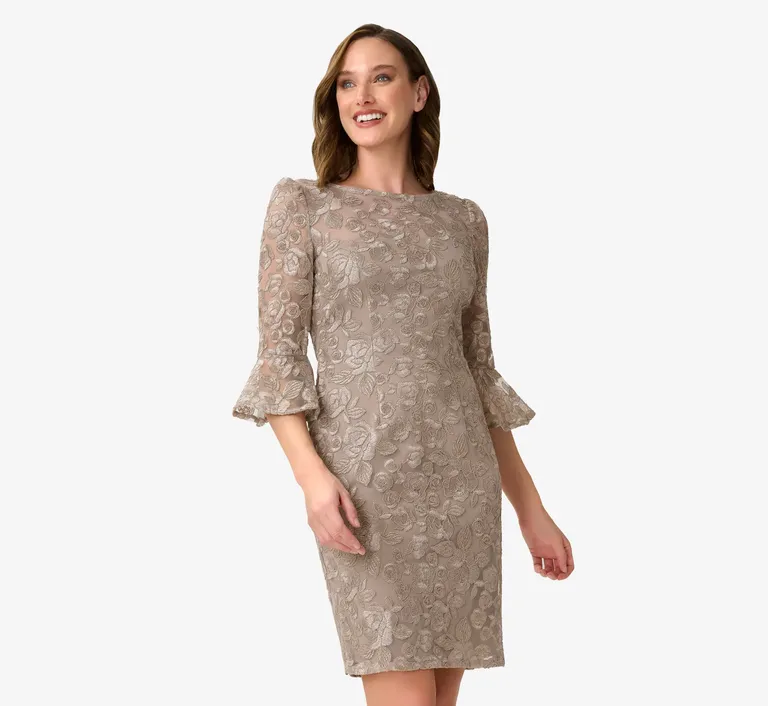 Sheath dress with floral lace and bell sleeves