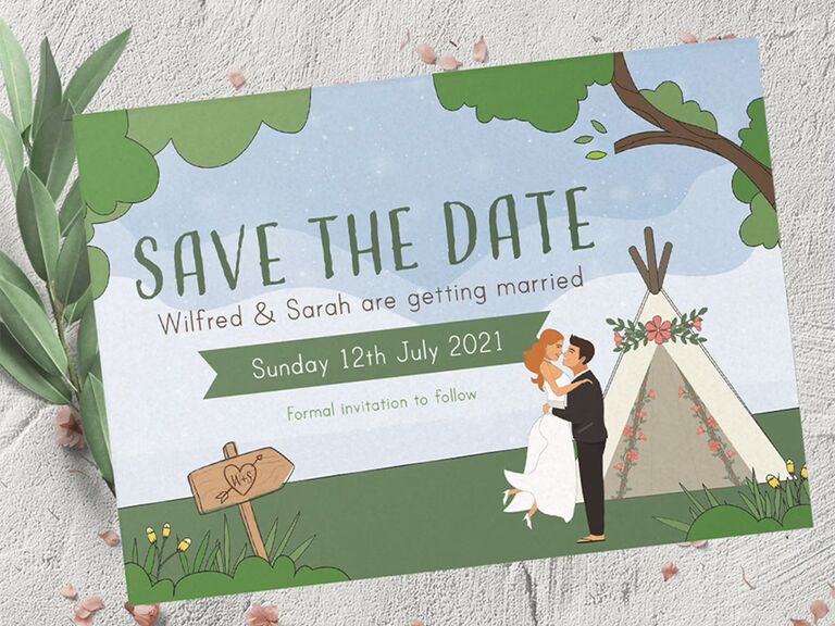 Bride and groom in camping scene with simple green type
