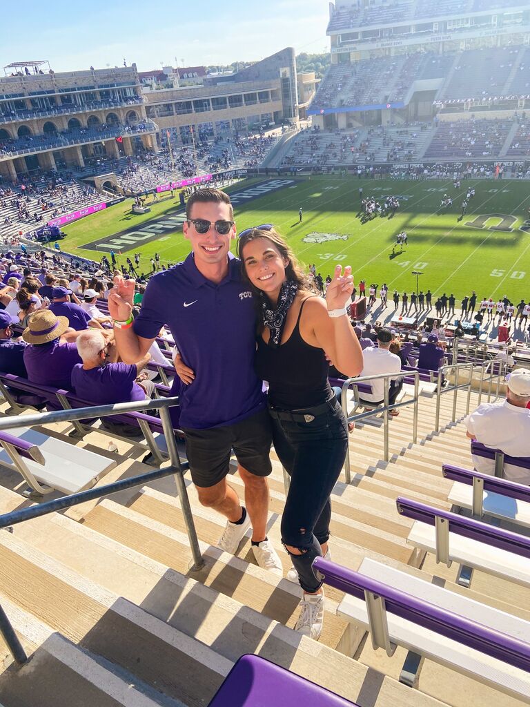We've enjoyed attending TCU football games each year since the start of our relationship. As a result, we have become season ticket holders and love tailgating with friends, cheering on the Frogs, and weekly visits to Buffalo Bros for the best wings in DFW.