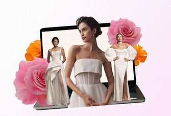 Collage of wedding dresses in front of a laptop