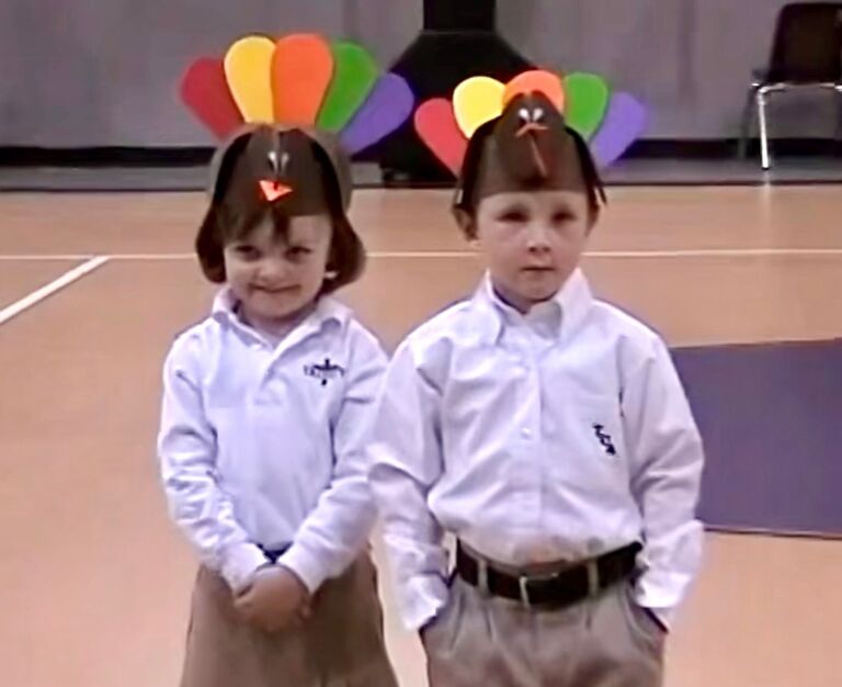 Here we are performing our Kindergarten Thanksgiving show. Little did those turkeys know we would be planning a wedding all these years later.
