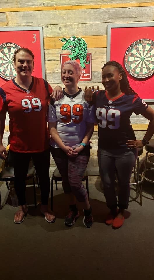Justine, Tori, and Rachel watch the Texans lose