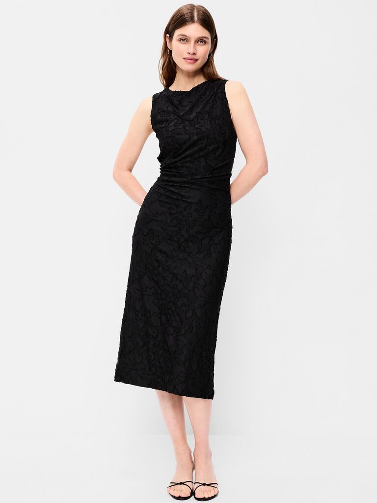 Old Navy black jacquard petite midi wedding guest dress for over 50s
