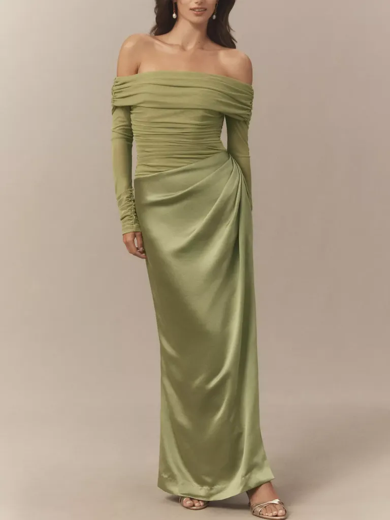 Light green off the shoulder maxi wedding guest dress winter from Anthropologie