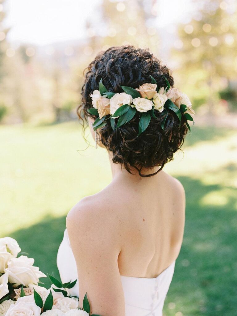 Floral crown wedding updo for long hair