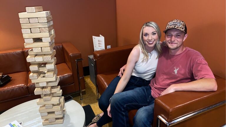 Our very first picture together! We had been dating for a couple weeks, and one of our regular hangouts was trivia night at Billards and Bowling. 