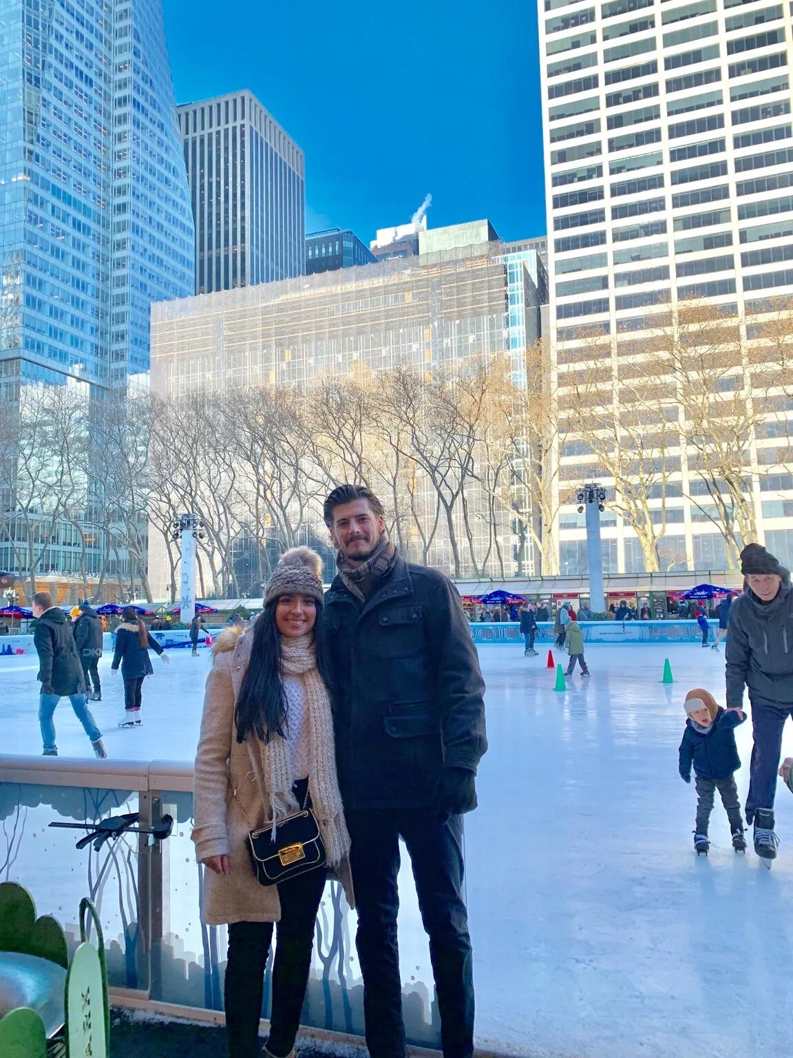 For their 1 year anniversary, Andrea surprised Nate with a trip to NYC. They walked all around NYC, went ice skating at Bryant Park, and saw a magic show.