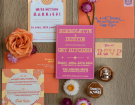 Retro pink and orange wedding invitation suite