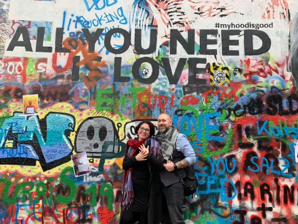 Photo Op at the Lennon Wall in Prague after we got engaged