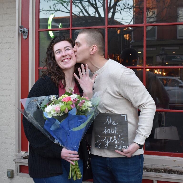 The day after their three-year anniversary, Roger proposed to CC at home before surprising her at dinner later that evening with a quick celebration with their immediate families and her maid of honor, McKenna, who flew in from California! It was a beautiful day and CC was so surprised! (good job, Rog)