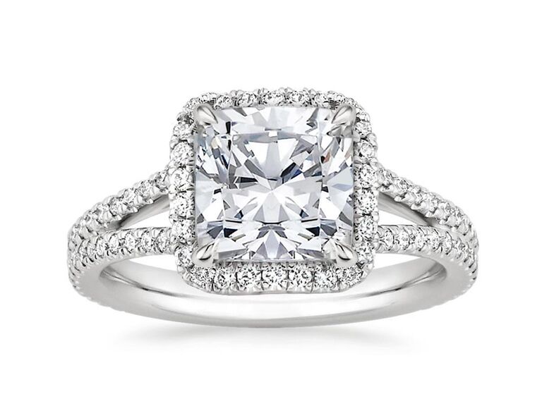 brilliant earth split shank engagement ring with cushion cut diamond center round diamond halo and diamond encrusted split shank white gold band