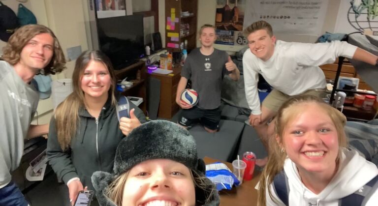 Our First Photo! During the end of freshman year, we found ourselves in the same place at the same time, spending evenings playing yard games with friends!