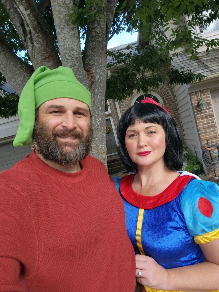 Grumpy Dwarf and Snow White. We ended up being pretty much the only adults dressed up at a kids' birthday party! Lol