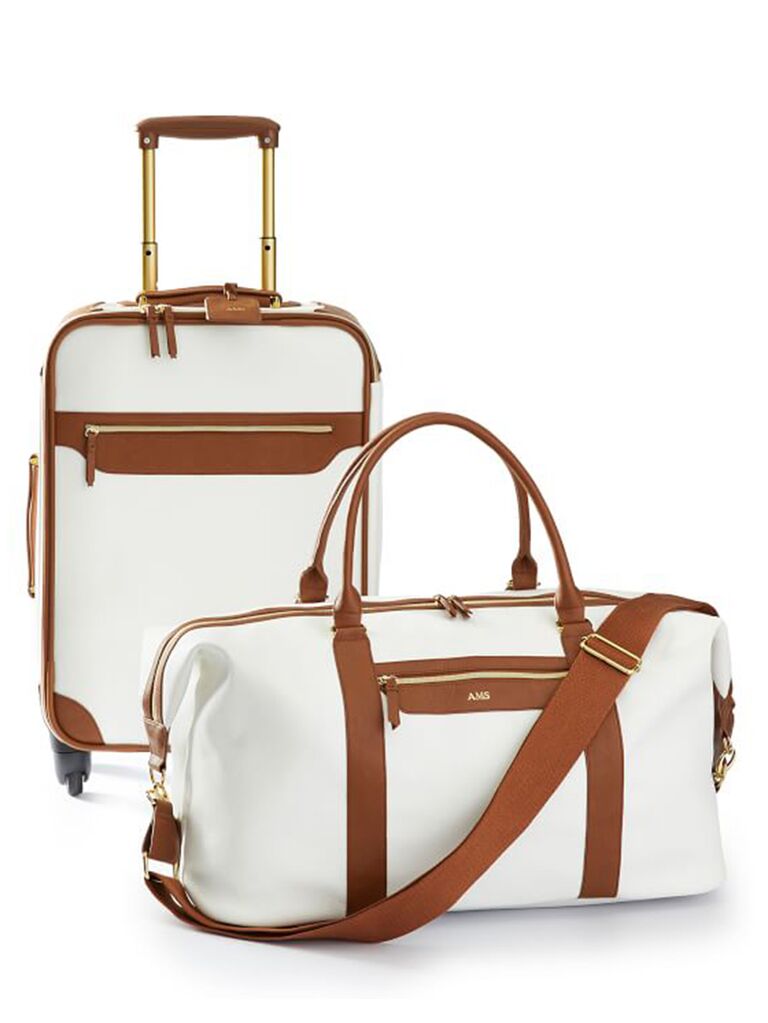 Faux leather travel set in white with brown accents