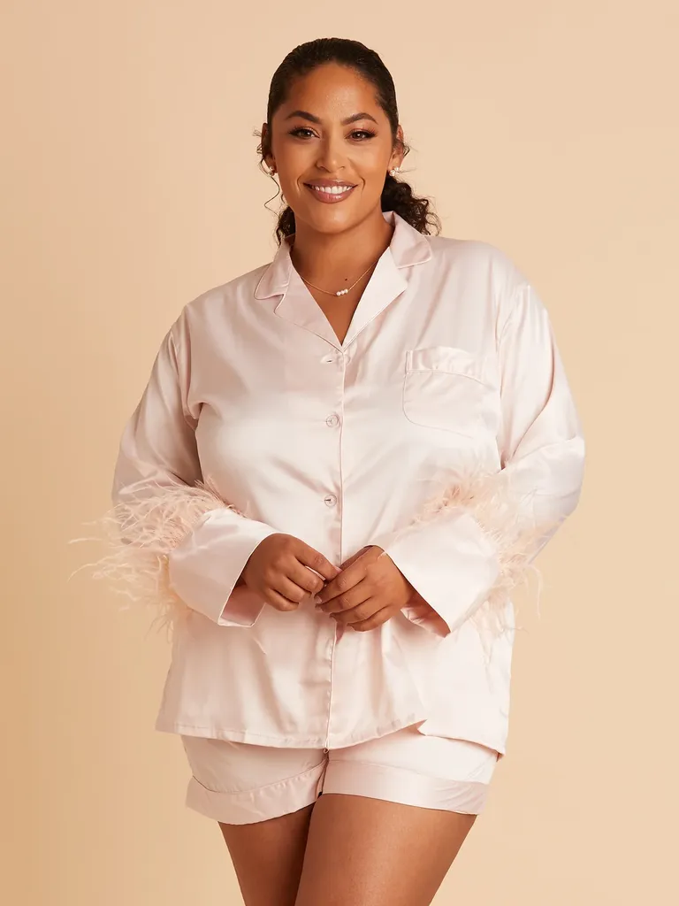 Short satin blush feathered bridesmaid pajama set