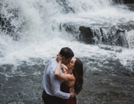 Couple's engagement photoshoot next to waterfall in Nashville